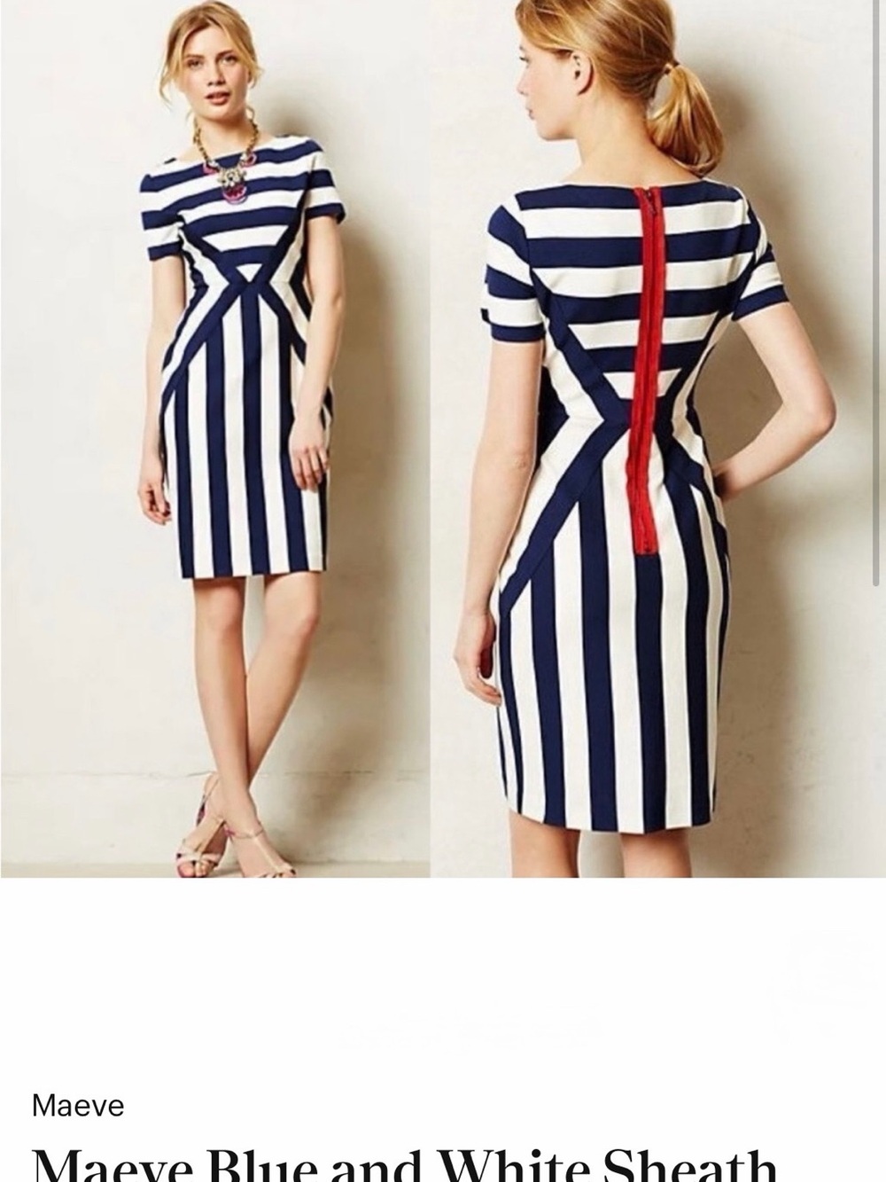 Maeve Navy and White Striped Midi Sheath Dress